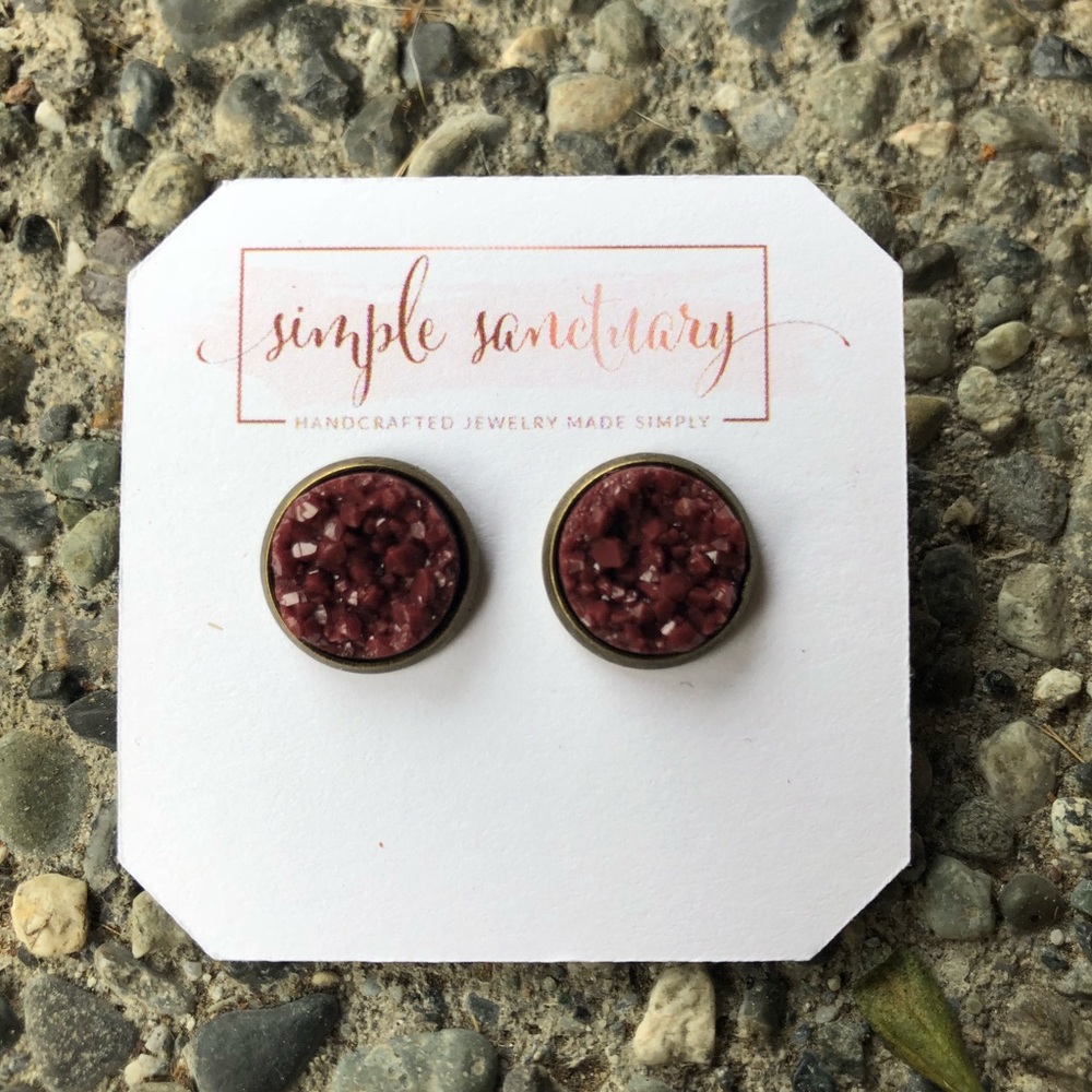 Faux Maroon Druzy and Bronze Earrings